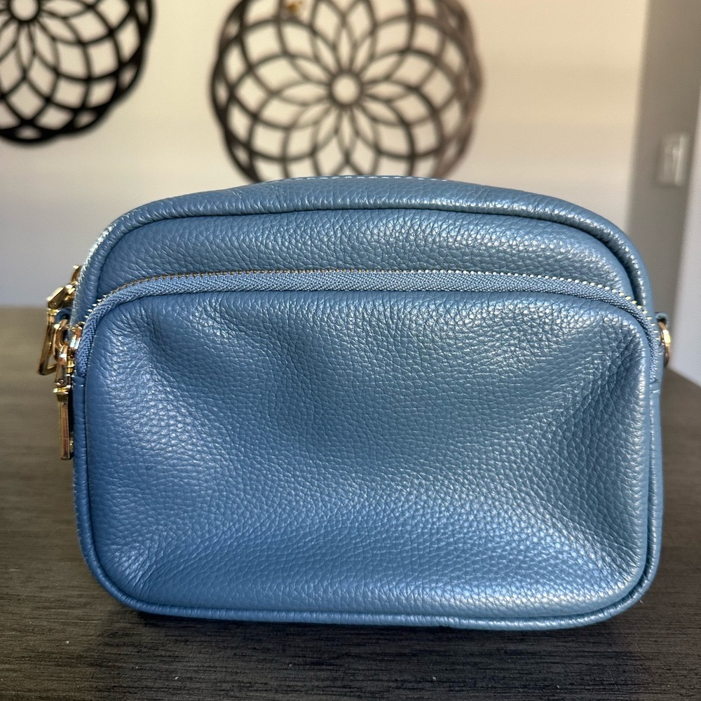 Pom Pom London Mayfair Slate Blue Leather Bag w/ extra tapestry strap - Gold